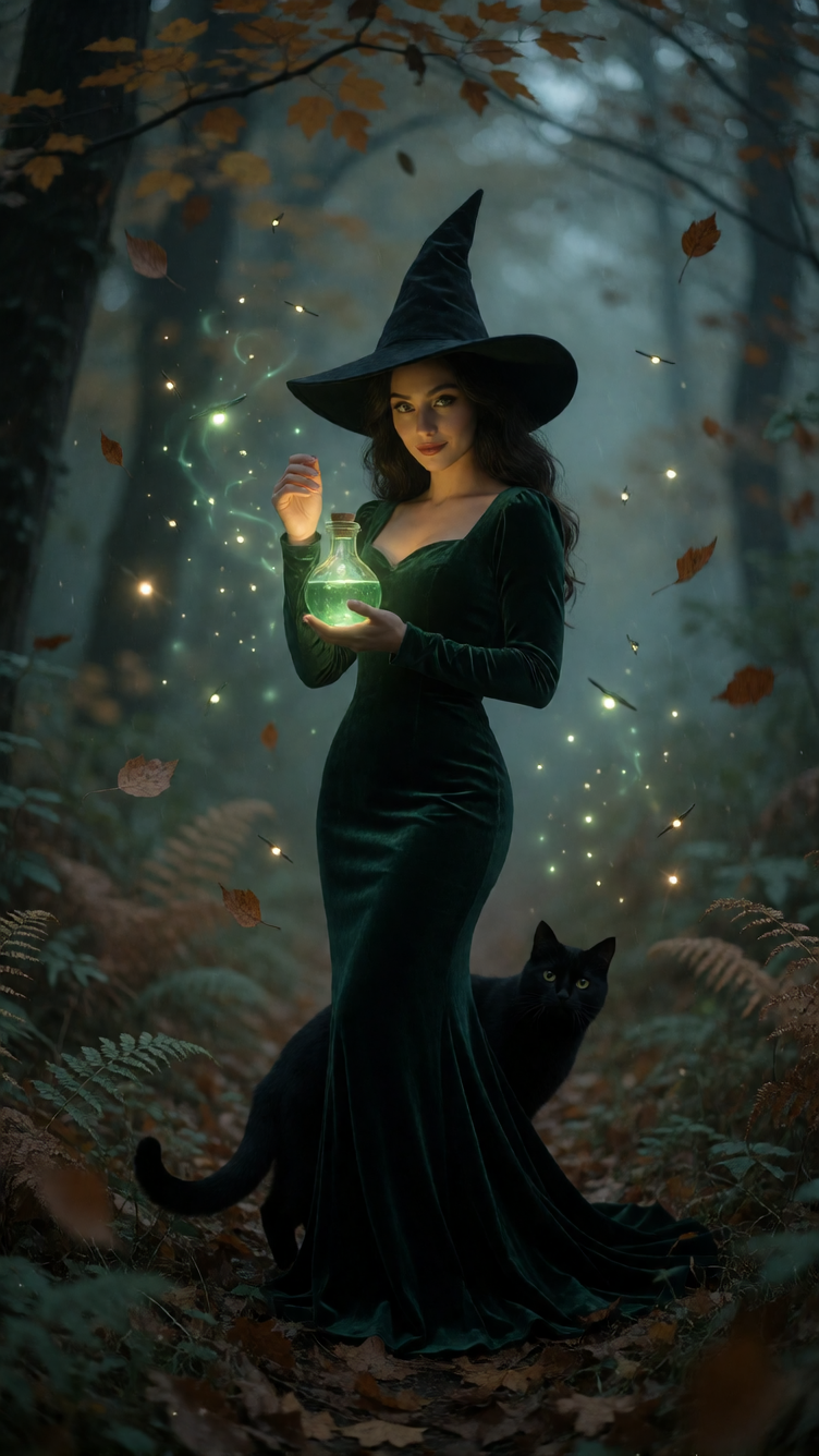 A seductive Forest Witch in a lush, mystical autumn woodland. She wears a fitted, dark green velvet gown that accentuates her curves, paired with a cl