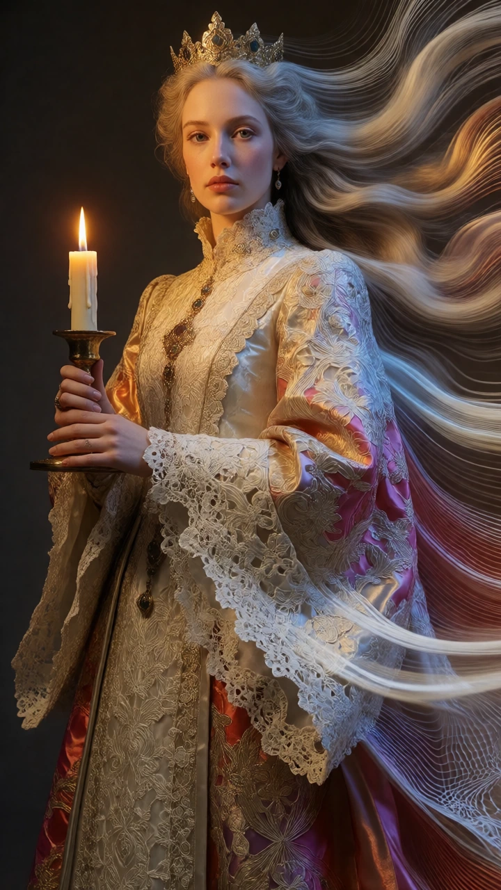 Create a high-resolution ultra-detailed portrait of a beautiful queen standing in a bold, dramatic pose, holding a candle. The candle has a hyper-real