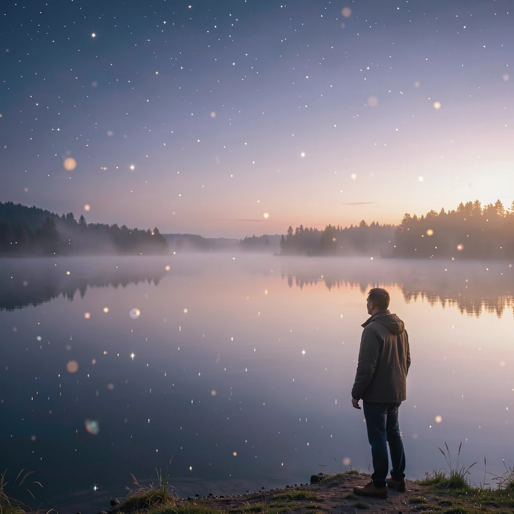 A solitary figure standing at the edge of a perfectly still lake in the pre-dawn twilight, the glassy water surface acting as a mirror reflecting the 