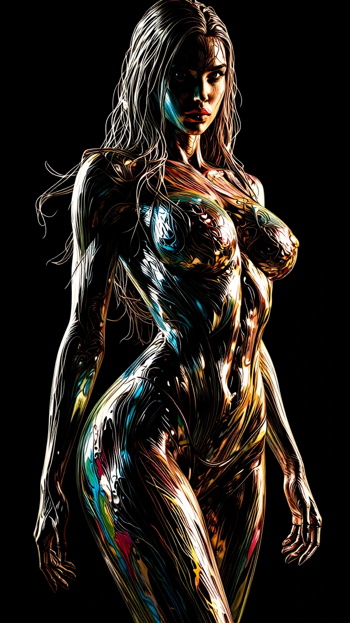 Hyper-detailed dramatic futuristic portrait of against a pure solid black background. A full length image of a nude woman with long wavy hair. Her body is covered in thick swaths of colorful oil paint. Striking high-contrast lighting with bright high