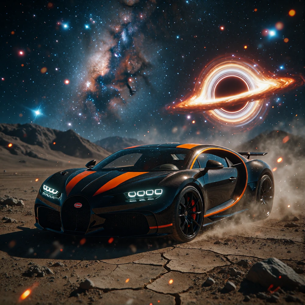 Photorealistic Bugatti Chiron Super Sport 300+ in exposed black carbon fibre with bright orange double stripes on hood and orange side line, black wheels with orange brake calipers, parked on a cracked desolate alien desert plain, Interstellar movie 