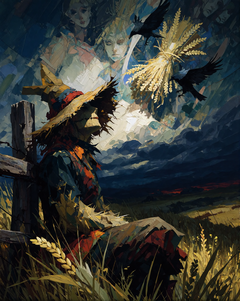 A scarecrow slumped against a weathered fence post at dusk, head tilted back, straw spilling softly from torn seams like thoughts escaping into the da
