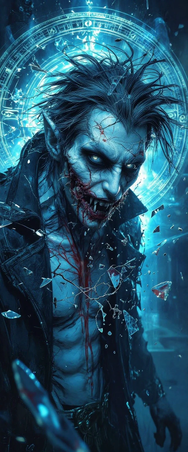 "A horrifyingly detailed vampire-werewolf hybrid with luminescent blue porcelain-like skin, glowing white eyes that pulse as if they are watching the viewer. His face is violently transforming—fractured shards of his skin breaking away, revealing raw
