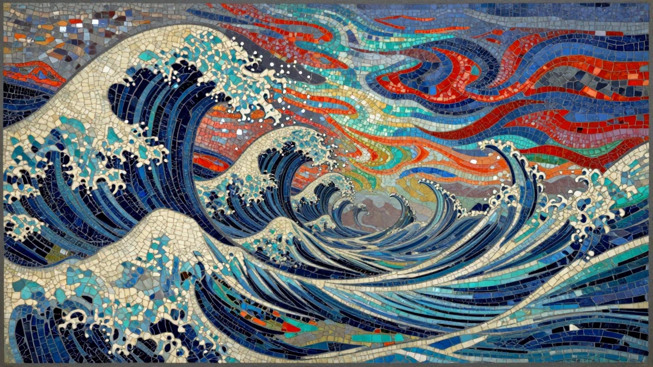 Mosaic scratch art style with visible textured strokes and engraved mosaic-like surface. A surreal ocean scene where massive waves contain smaller waves within them, creating a powerful Droste Effect of infinite recursive waves. The waves are moving 