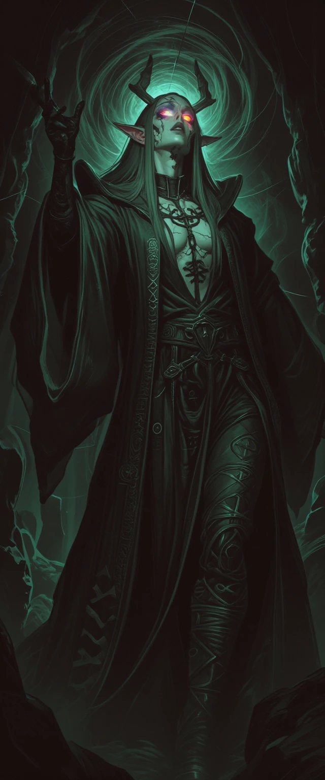 A hyperrealistic, gothic portrait of a towering, malevolent Wizard Sorcerer, bathed in dramatic, shadowy light. His skin is cracked and scarred like ancient parchment, with veins of glowing, ethereal energy pulsing beneath the surface. His eyes, burn