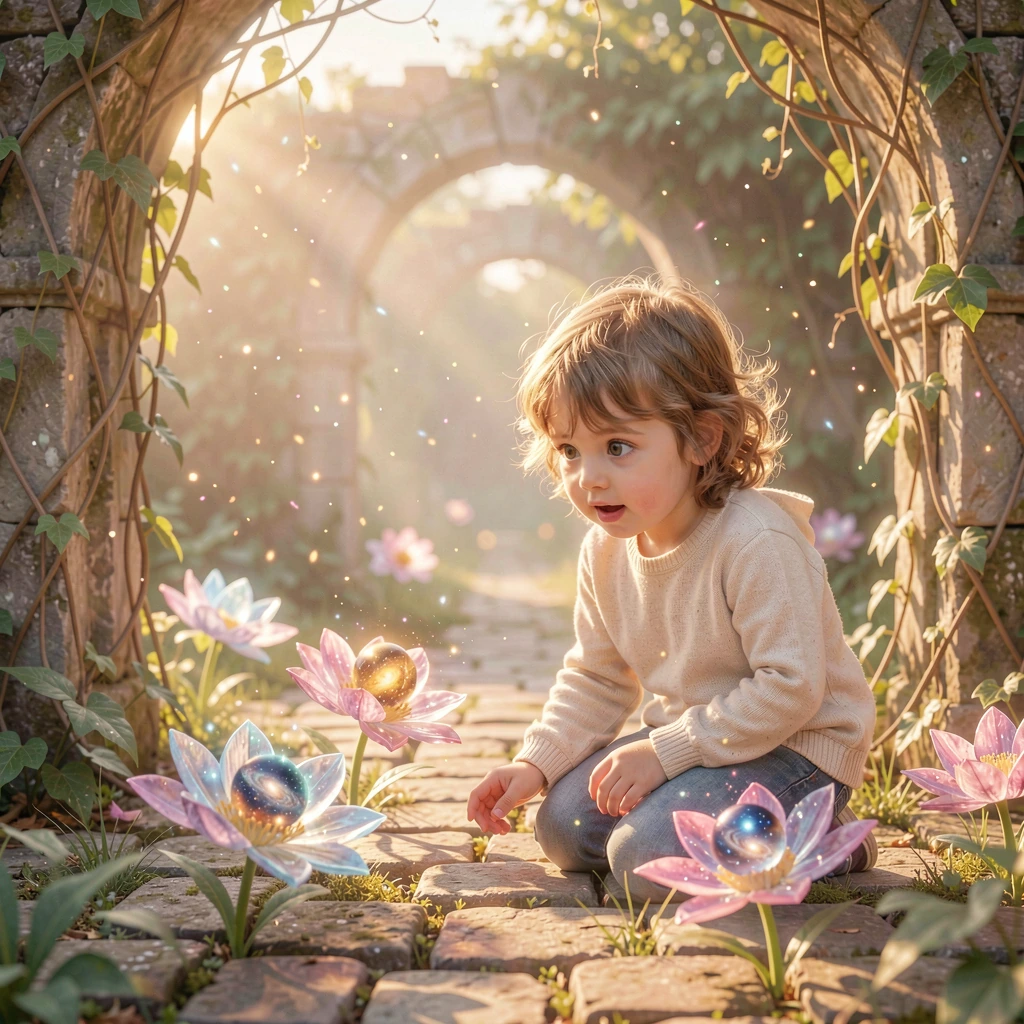 A wide-eyed child kneeling in an overgrown forgotten garden, discovering luminous crystalline flowers blooming between ancient weathered cobblestones, each delicate petal holding tiny glowing worlds and miniature galaxies within, soft afternoon light