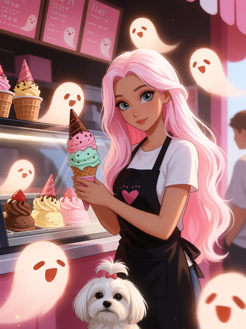 Beautiful woman, platinum pink hair at an ice cream shop with her Maltese. Little glowing ghosts are everywhere. They are so cute though.