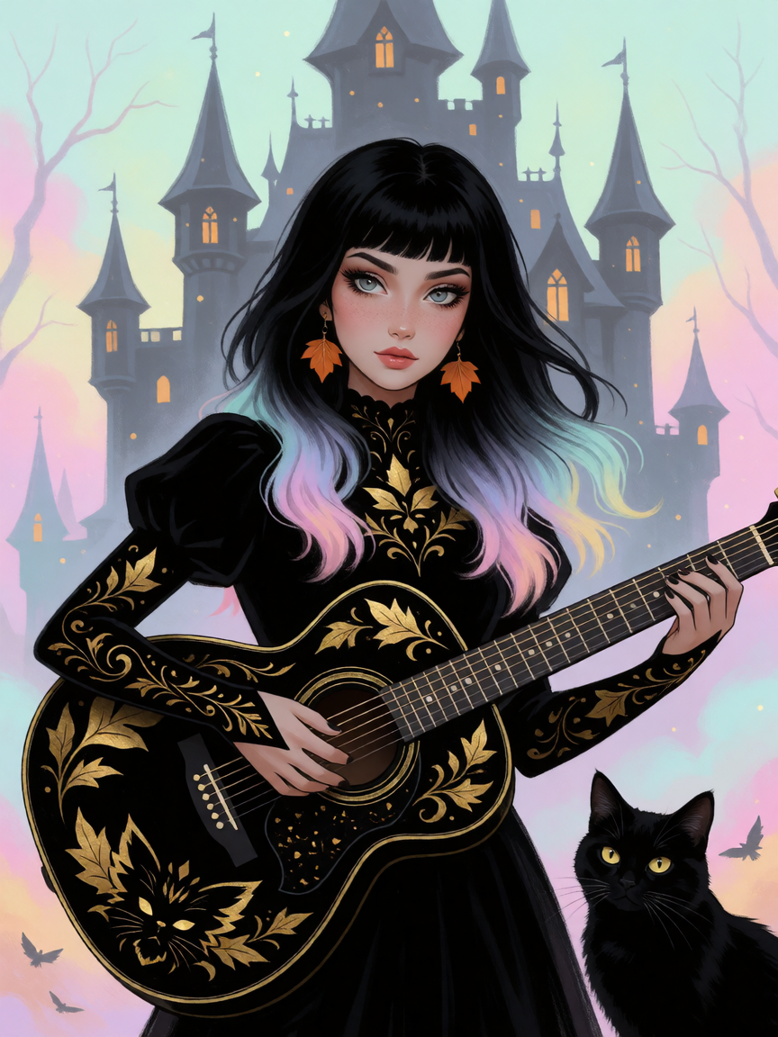 Woman, black hair with pastel tips playing a guitar in front of a Goth castle. She is with her cat. She is wearing all black wood, but way, beautiful gold leaf pattern, and autumn earrings. The background is pastel Goth, dreamlike. Surreal spooky aut