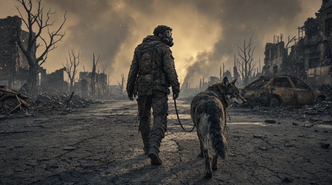 Cracked asphalt street stretching into a haze of ash and dust, skeletal ruins of collapsed buildings flanking both sides, abandoned cars overturned and rusted, dead trees stripped bare, toxic yellow-grey sky choked with drifting smoke and ember fragm