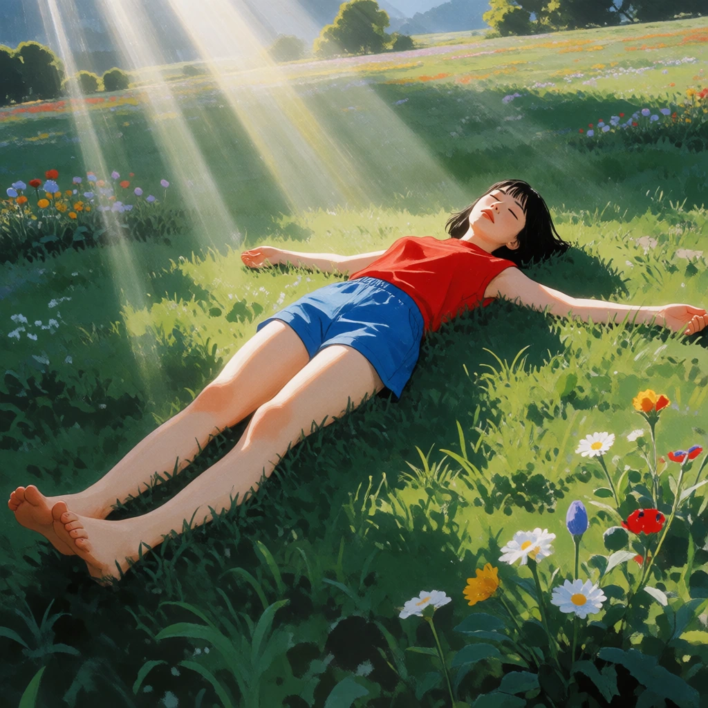 masterpiece, best quality, amazing quality, 1woman, solo, short hair, shirt, black hair, closed eyes, flower, outdoors, lying, shorts, sleeveless, bar