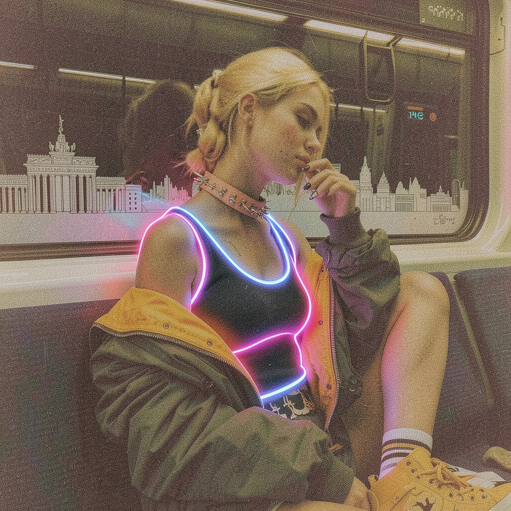 add film grain to this and make her shirt have a neon outline