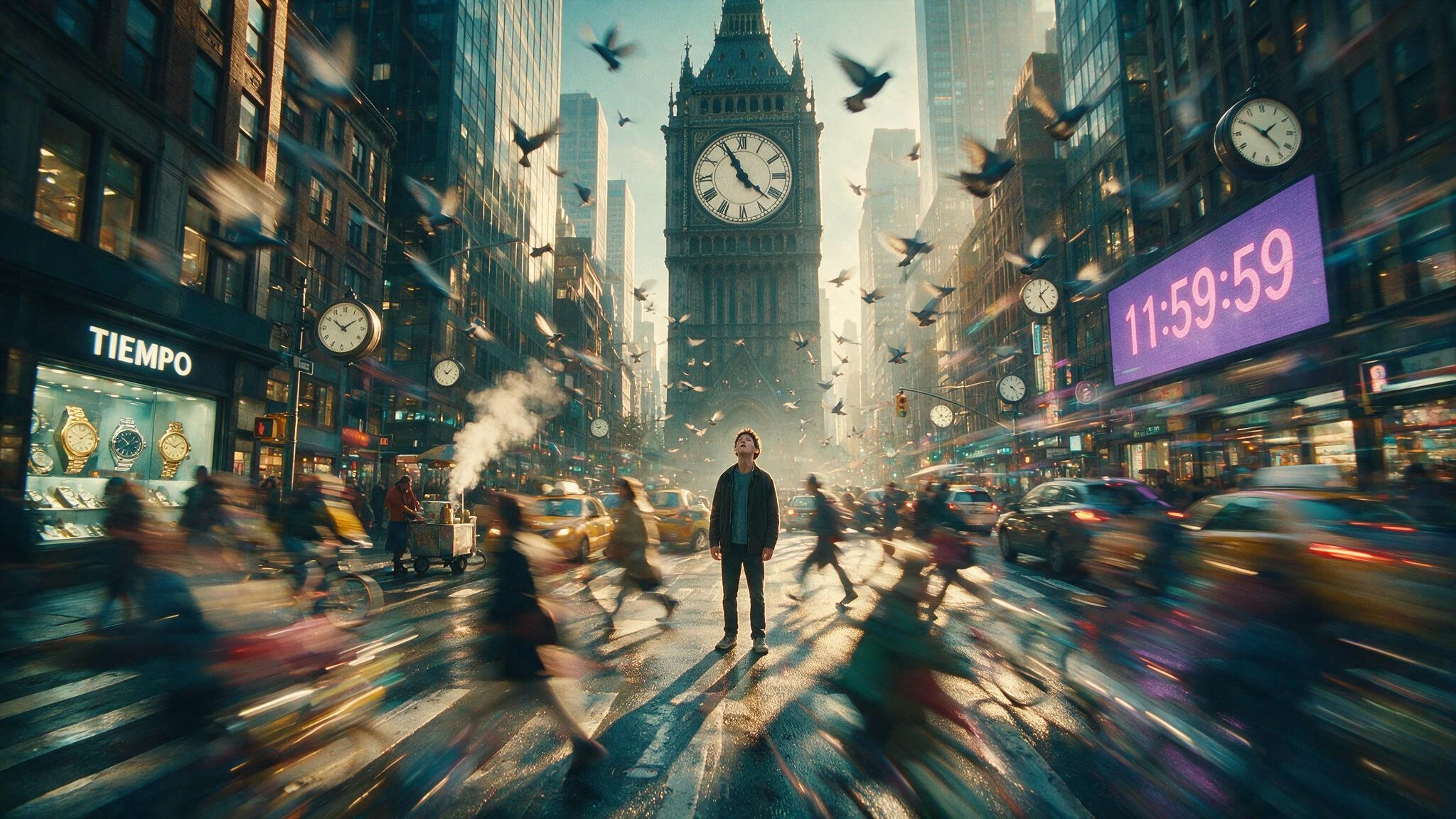 Capture a bustling city intersection frozen at the exact instant every clock stops agreeing to move, a single crystalline moment of stillness punched into a world of chaos. Render pedestrians, taxis, cyclists, and pigeons as long-exposure streaks of