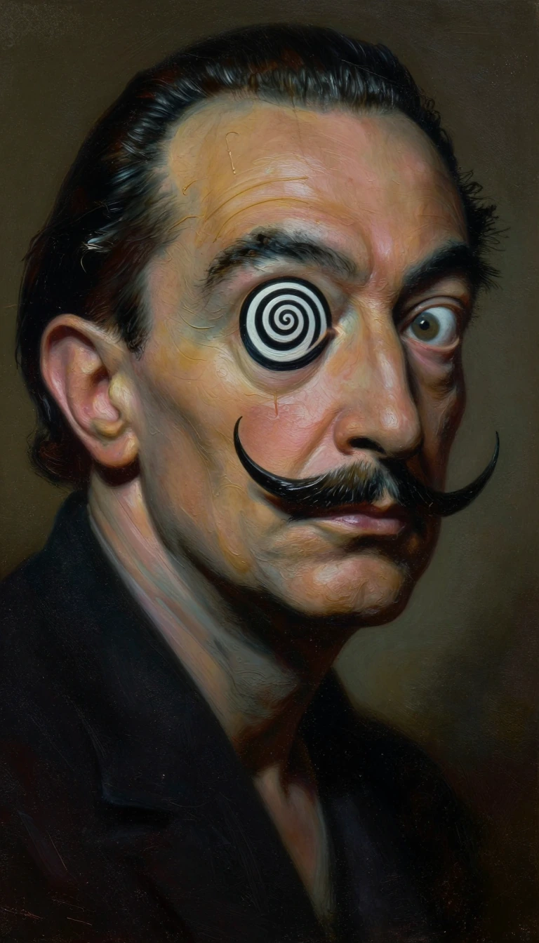 A hyper-detailed 3D bust of Salvador Dalí with his signature long waxed mustache. One eye is replaced by a hand-painted black and white hypnotic spiral target. The texture is heavy impasto oil painting with thick, visible palette knife strokes and de