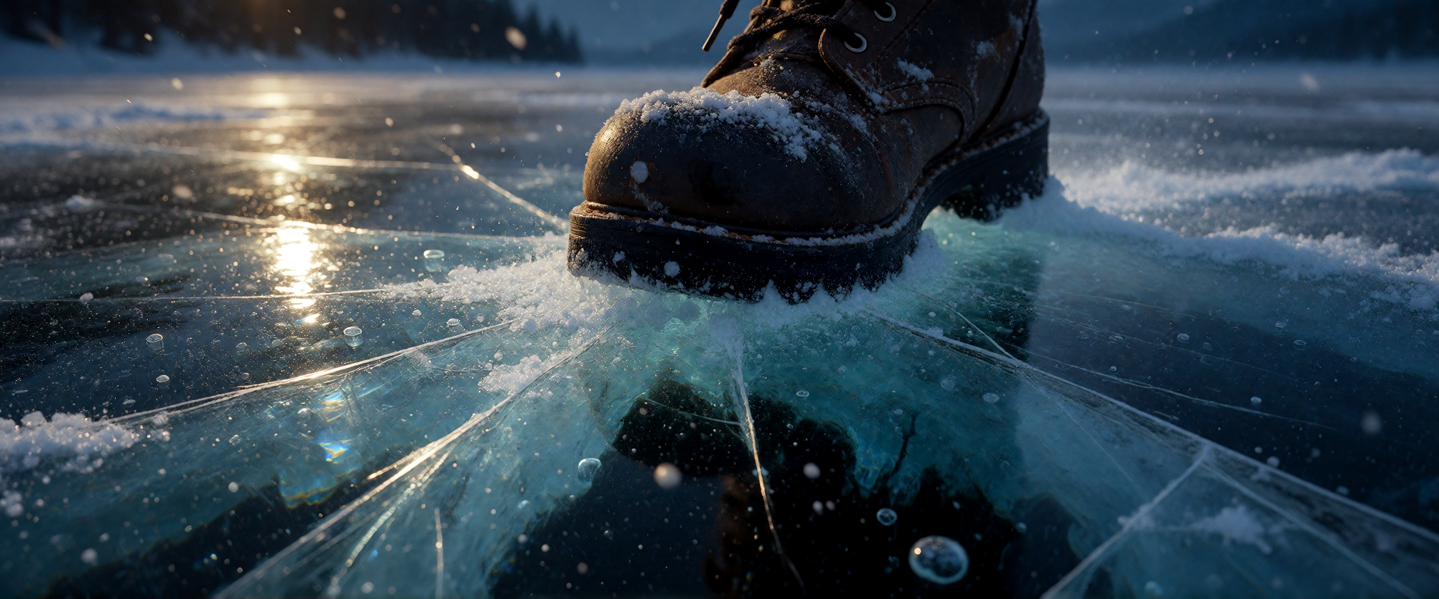 Cinematic extreme close-up low-angle shot of a single heavy boot stepping onto a vast, translucent frozen lake, captured at the exact split-second of immense physical tension. Microscopic white stress fractures and sharp hairline fissures are just be