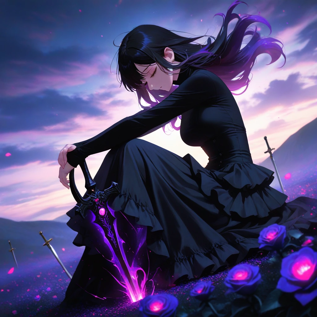 1girl, black hair, dawn light, holding sword, planted sword in ground, sitting, facing viewer, looking down, closed eyes, floating hair, dissolving cl