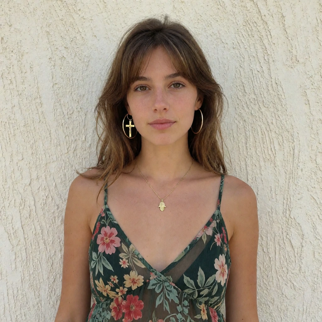 The young woman stands against a flat, off-white stucco wall with a subtle grain texture that catches soft ambient light, creating gentle shadows along its vertical ridges. Her medium-length brown hair, with lighter highlights near the bangs, falls n