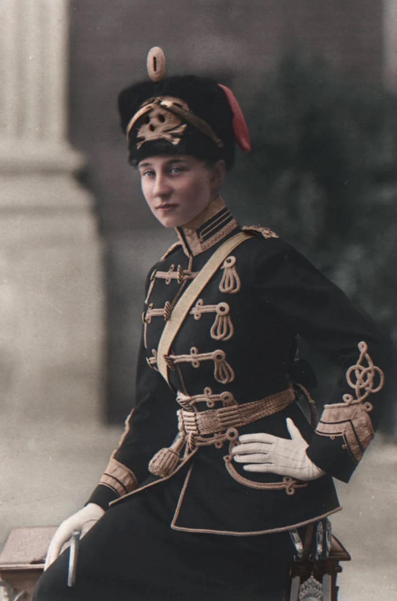 (colorized) - Princess Victoria Louise of Prussia in the uniform of the Life-Hussars cavalry Regimen…