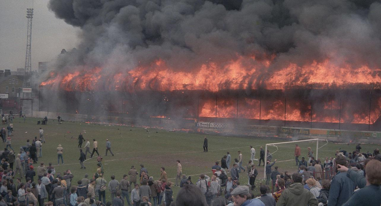 valley Parade’s main stand fully engulfed in flames on May 11th, 1985. The fire consumed the structu…