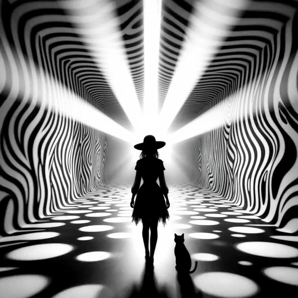 The slender silhouette of a dark, gothic, funerary-style woman, radiating energy and wearing a large hat, seen from behind, slowly moving away from th
