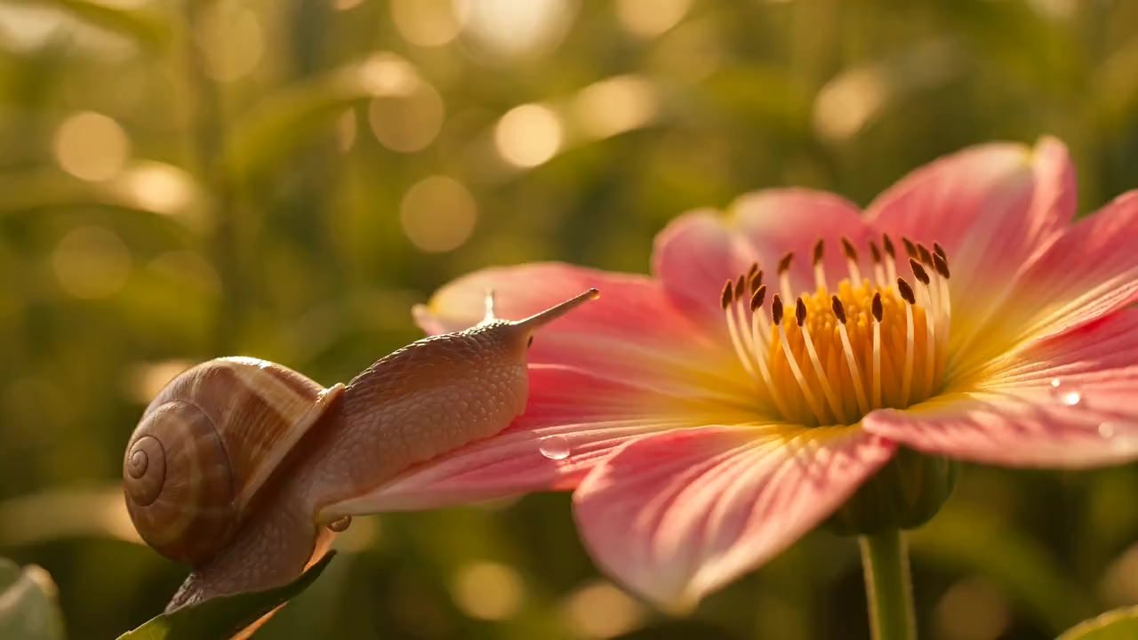 Macro photography a snail on a beautiful flower at the Golden hour bokeh