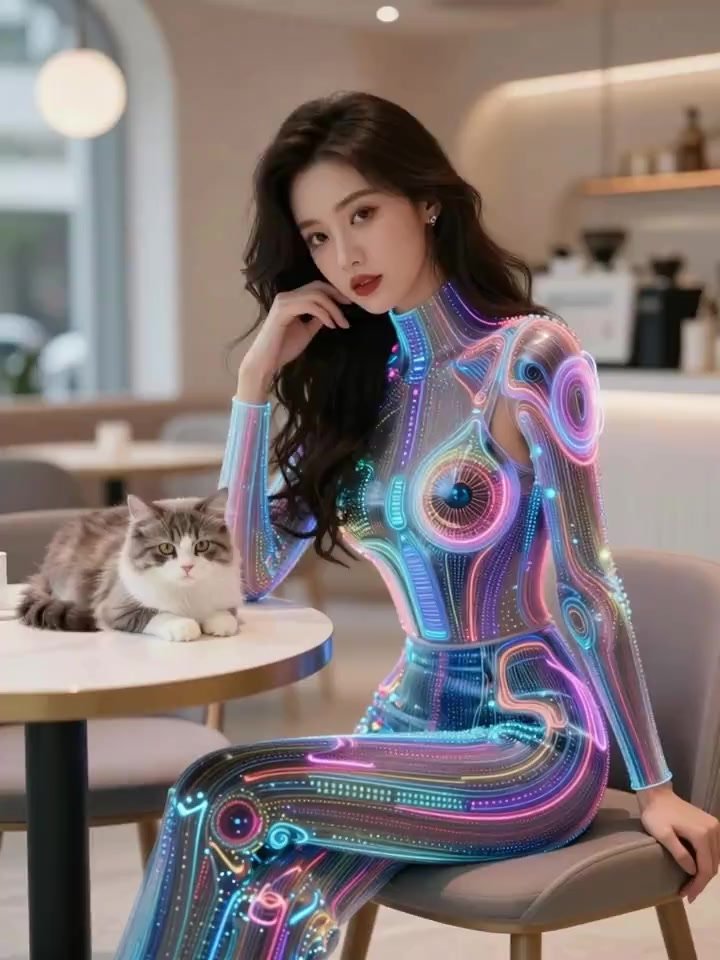 Beautiful woman With her cat at a futuristic café, colorful nanotech couture