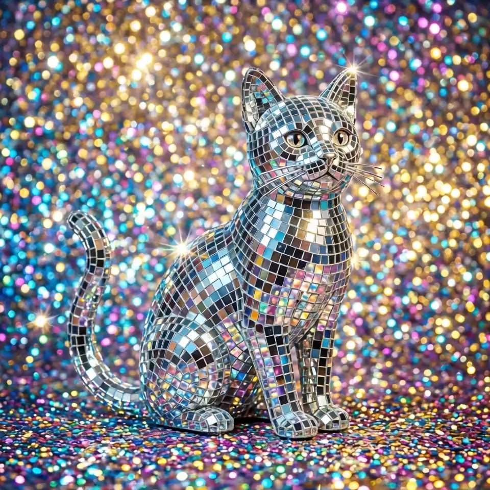 A cat made out of disco ball material. Glitter background. Pretty lights