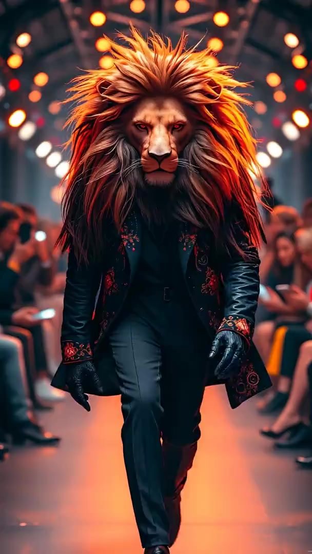 An anthropomorphic lion mane with a beautiful, thick mane strides down a high-fashion runway with the classic model pose, impeccably dressed in his cl