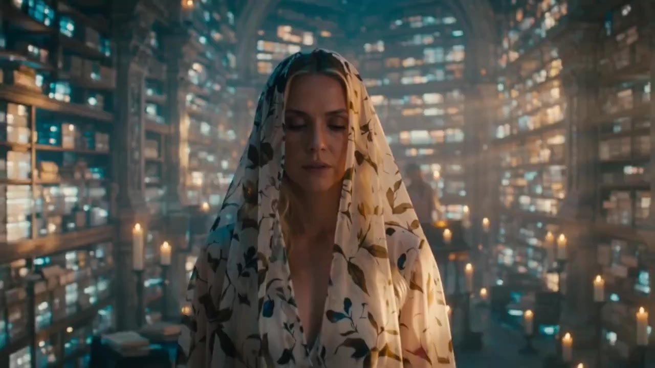 Slow cinematic push-in toward Ms. Sevier standing alone inside a candlelit futuristic archive, graphic floral print of chiffon veil moving gently in a
