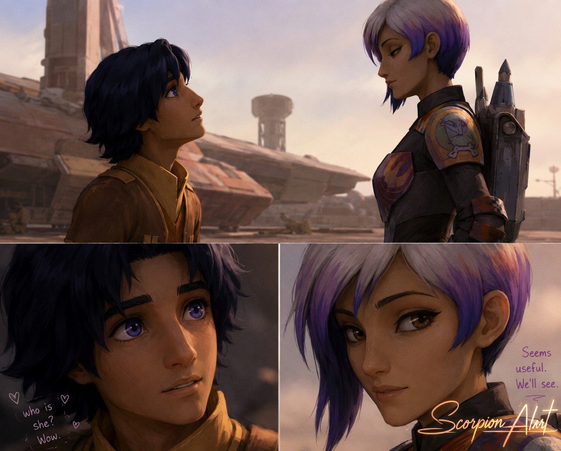 The way Ezra looks at Sabine the first time he meets her—that mix of awe, surprise, and instant conn…