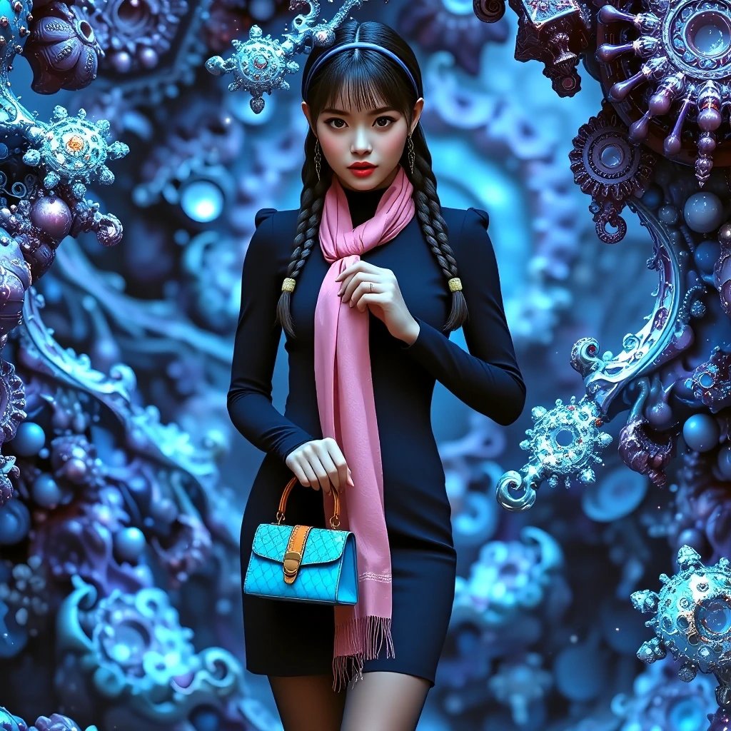 Minimalist: Navy blue sheath dress, sheer tights, scarf tied around the handle of the bag Prompt fro…