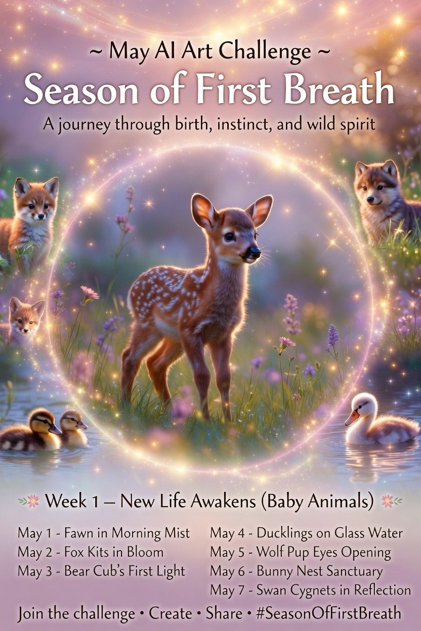 ~ May AI Art Challenge ~ #SeasonofFirstBreath A journey through birth, instinct, and wild spirit Hos…