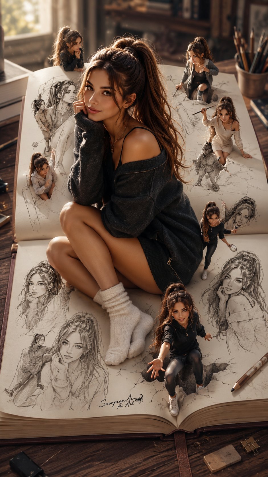 Prompt by @hermia Create a vertical 9:16 editorial portrait where I sits on an oversized open sketch…