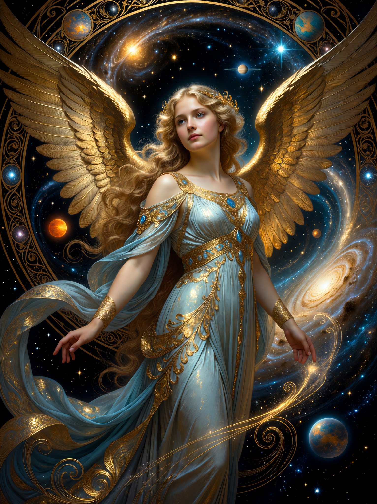 Embracing the infinite on wings of celestial gold, where stars whisper secrets and galaxies unfold.