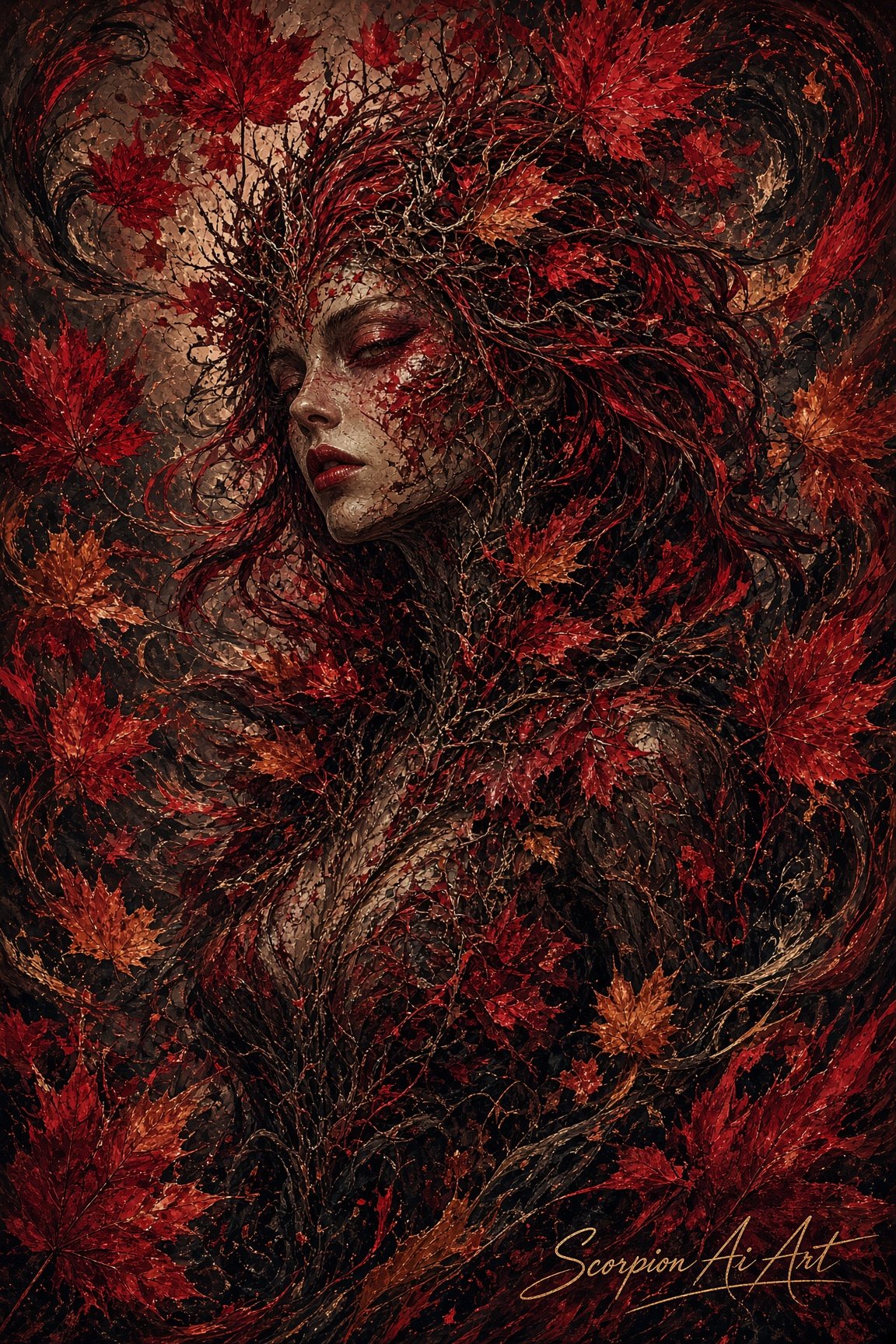 Dryad • Crimson • Autumn Leaves #AugJedAi26 #BeautifulChaos
