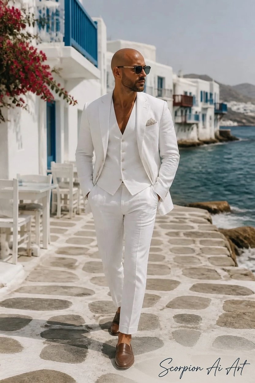 Luxury Linen 🤍 All welcome to join Tailor-made pure white linen pantsuit and vest + Flat leather mul…