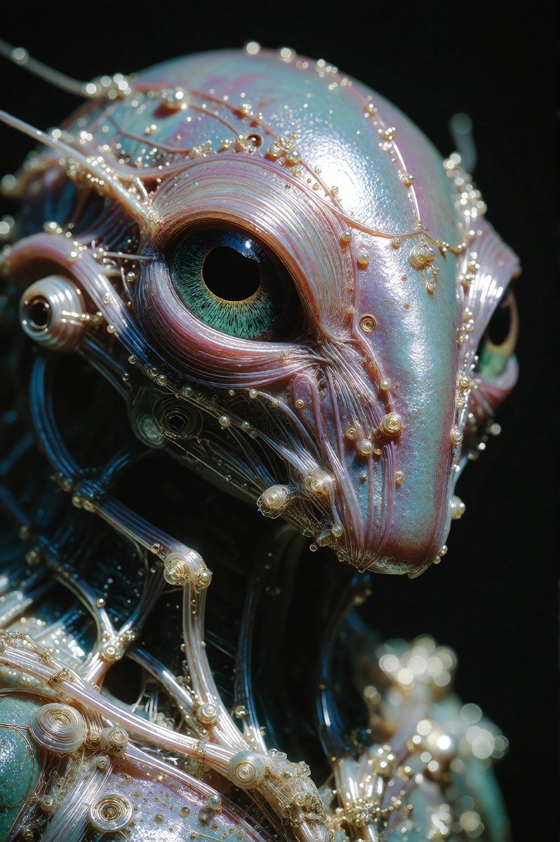 An alien entity rendered in iridescent pearl and opalescent white, with oversized compound eyes mounted on delicate translucent stalks that curve grac