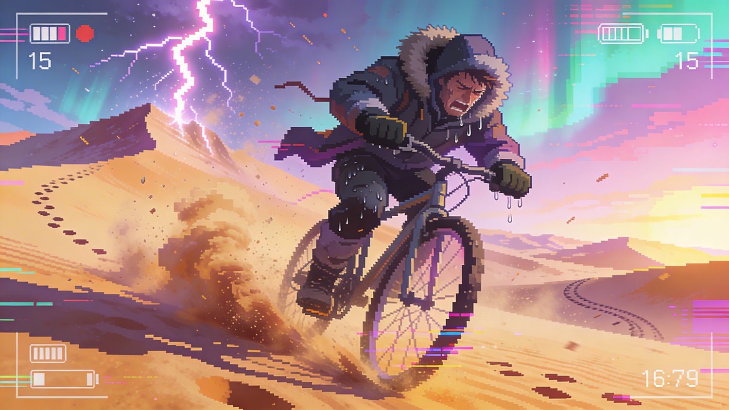 Nothing like trying to ride a mountain bike on sand dunes wearing Arctic clothing