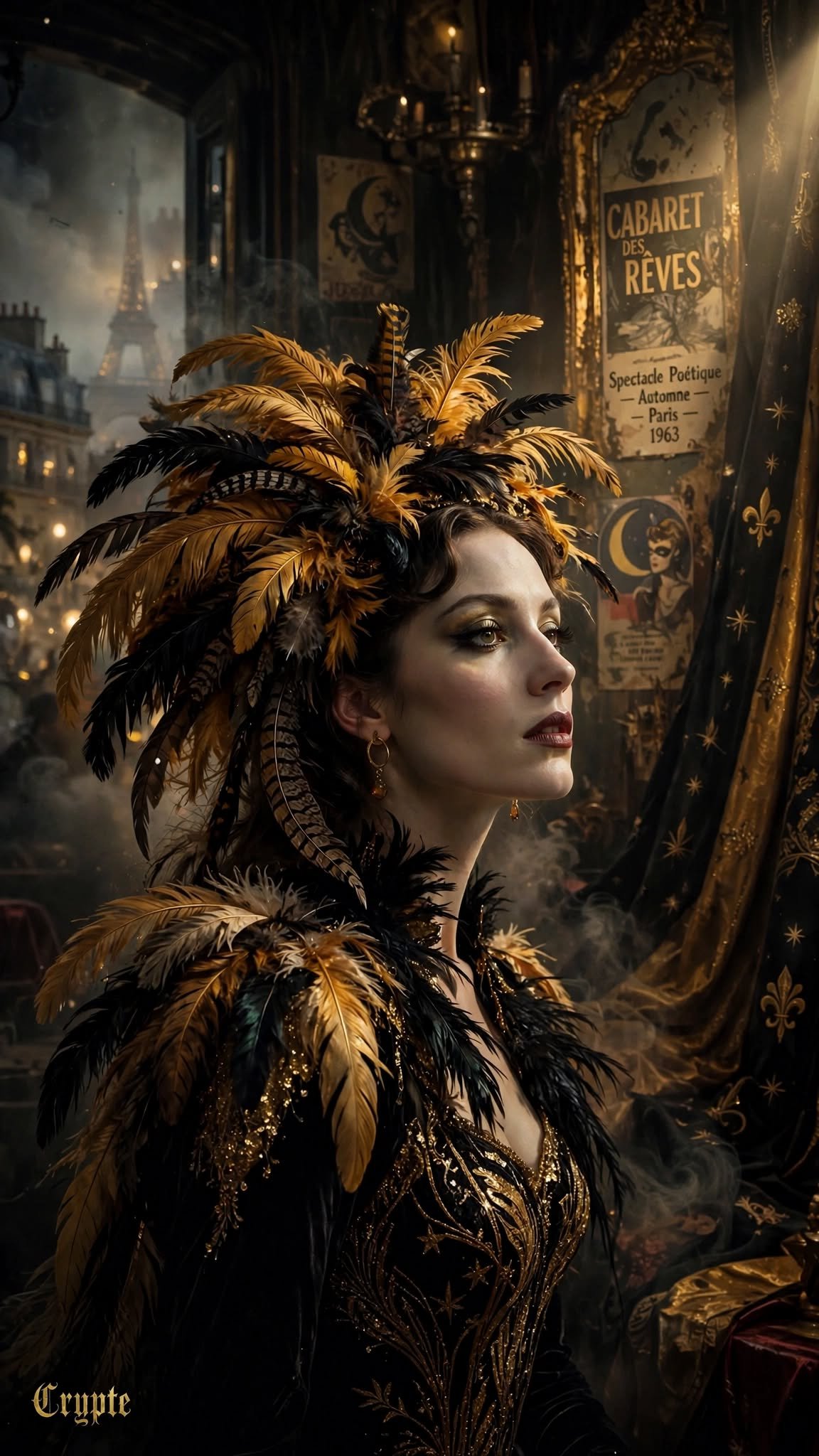 FeatherFashion #AutumnEdition #ScorpionAIArt🍂🍁🔥 Day 4:Golden Noir. Film noir Cabaret des Rêves.Benea…