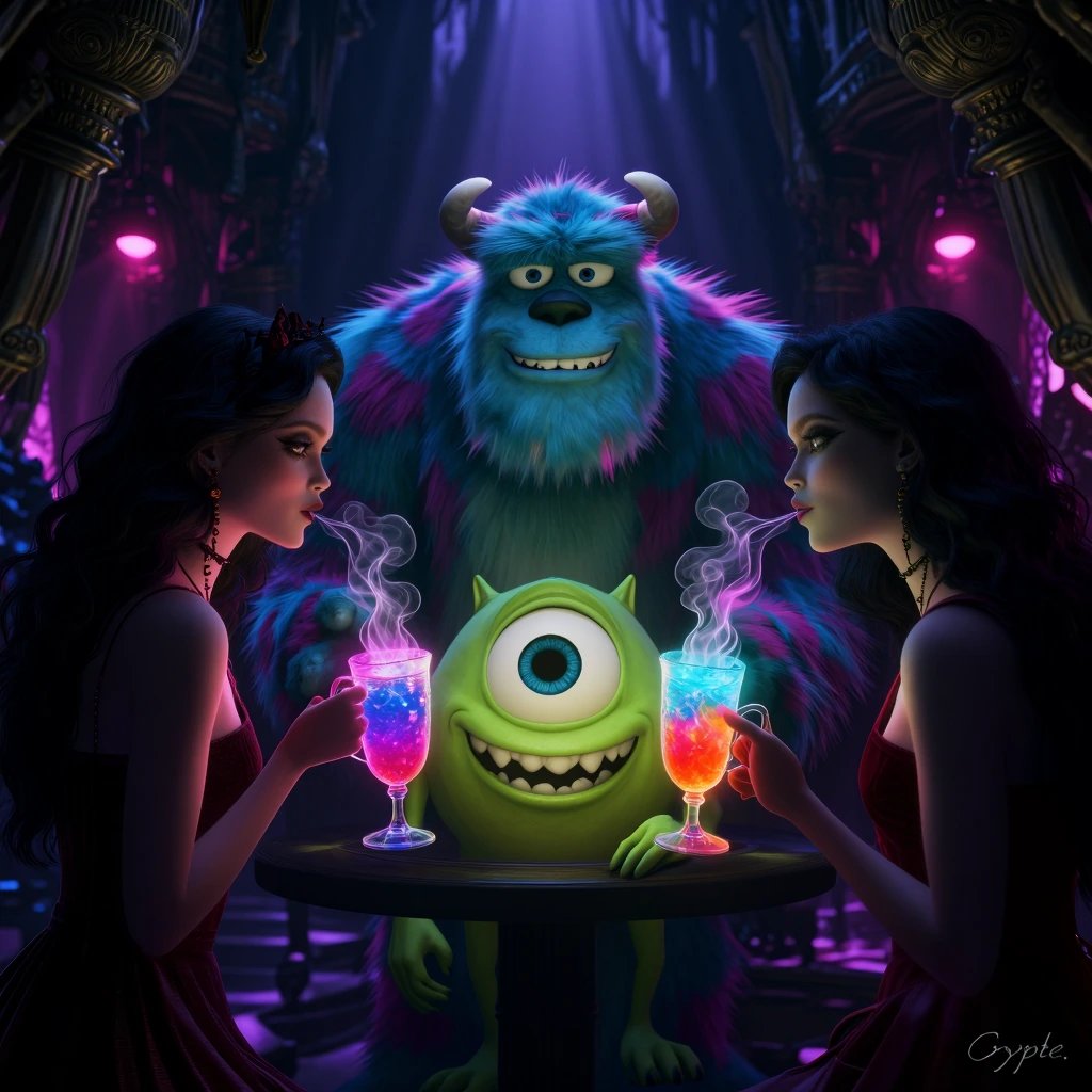 Elvira and Elfira drink in the neon and the terror, Beneath the monsters’ smiles, queens of the ulti…