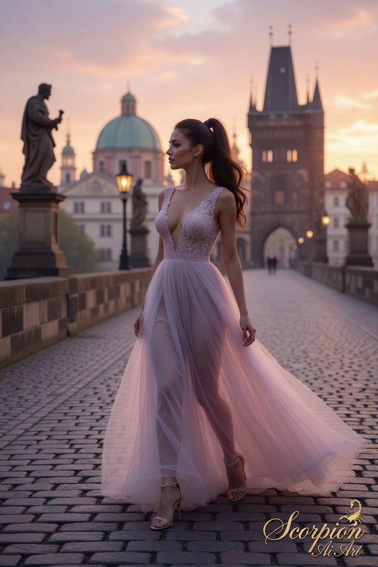 Day 19 - Prague - Fairytale Mood Pastel tulle or lace dress + delicate sandals. Walk across a histor…