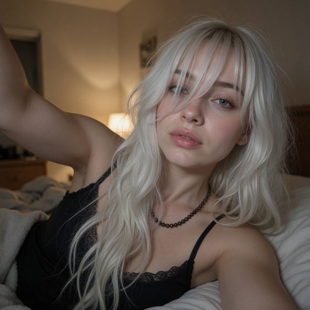 I've been playing around with some realistic prompts. [Close-up late-night smartphone selfie | Lying…