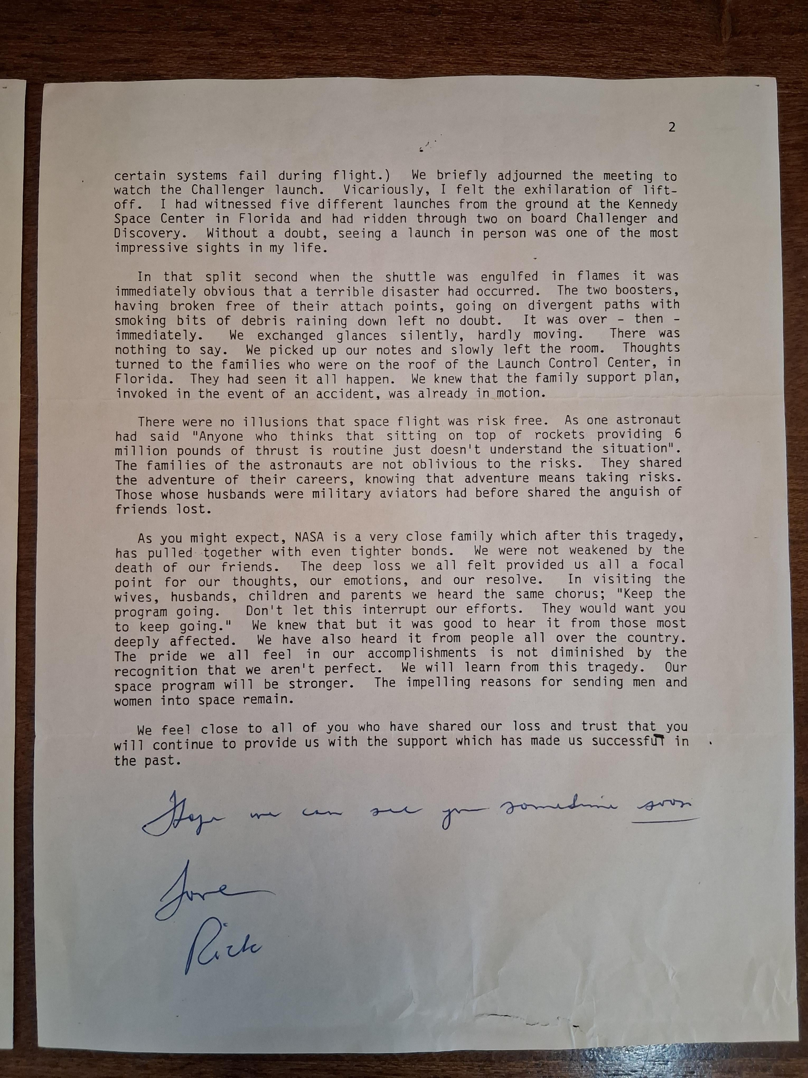 Letter from astronaut Rick Hauck giving condolences for the Challenger crew.. A chilling read..