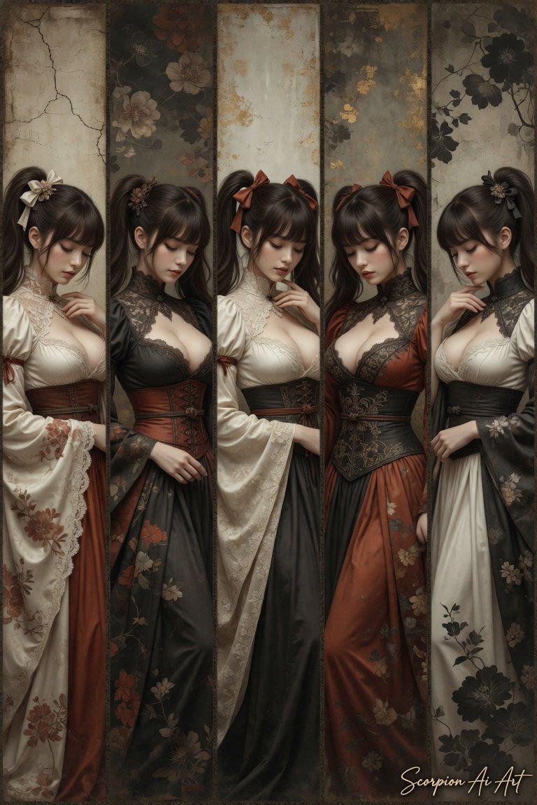 Five Figures In Reverie #promptshare Five women in separate vertical panels wear elaborate fusion go…