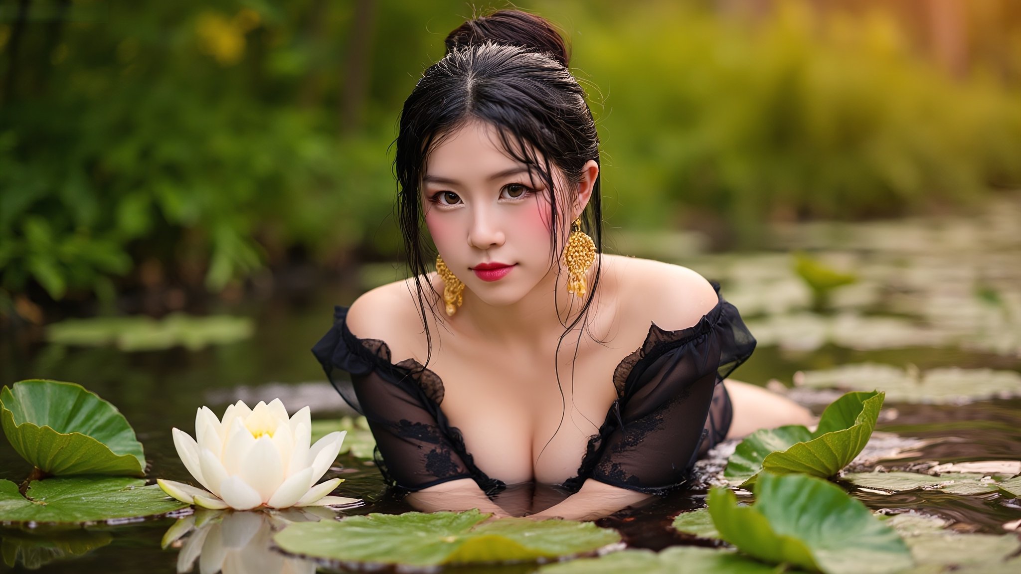 Beauty in black with lotus in the pond