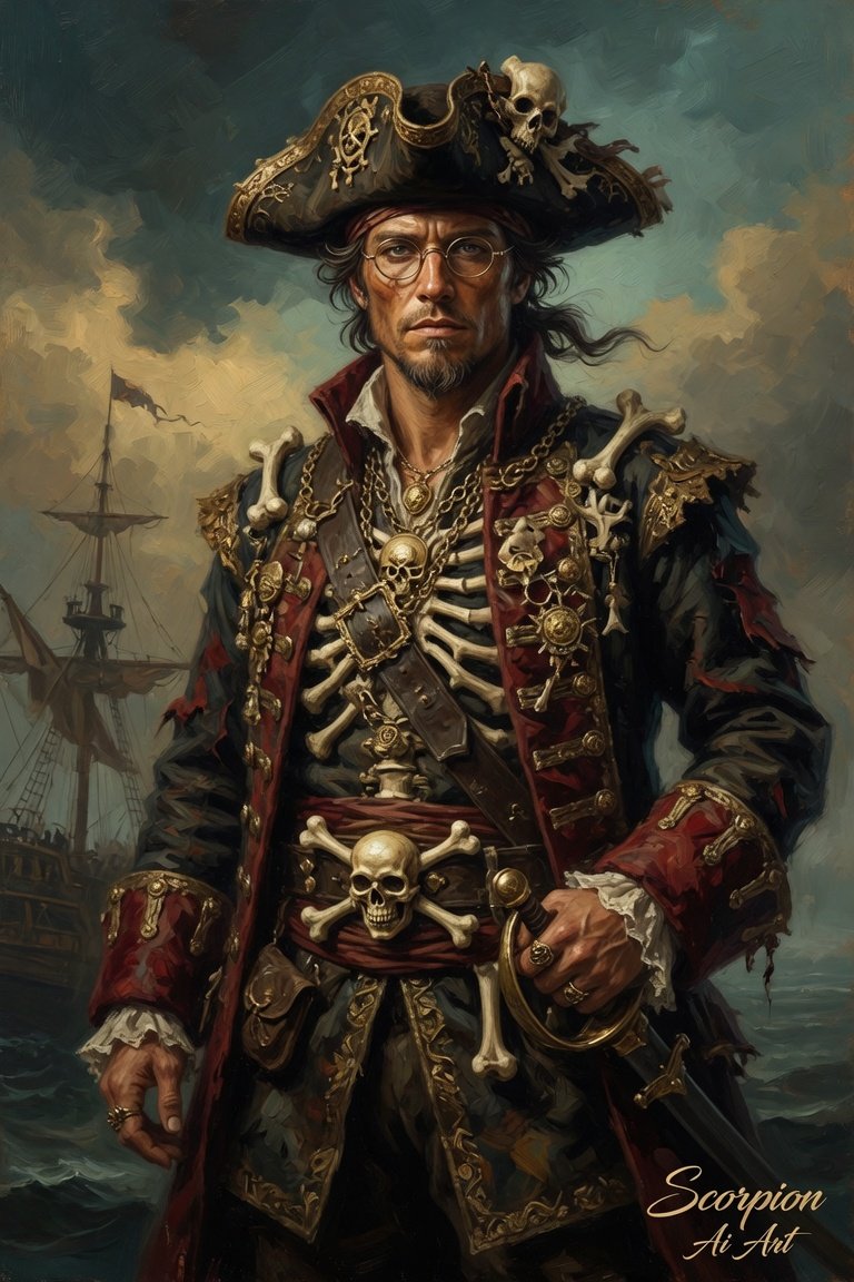 Pirate Captain Adorned in gold and bones #fanart #aiart Welcome my brother @nevyn give him a follow.…
