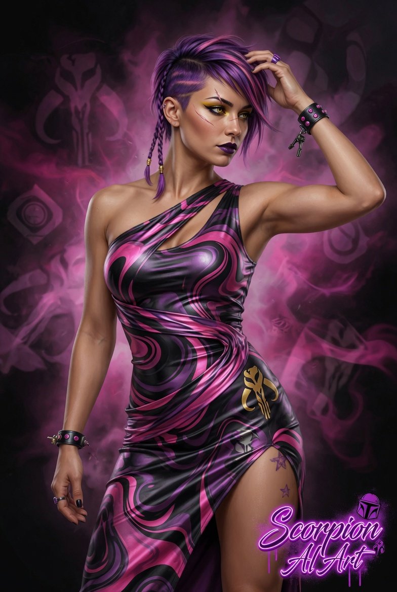 black,purple,and pink swirl one-shoulder dress & suit #aiartcommunity #goodnight