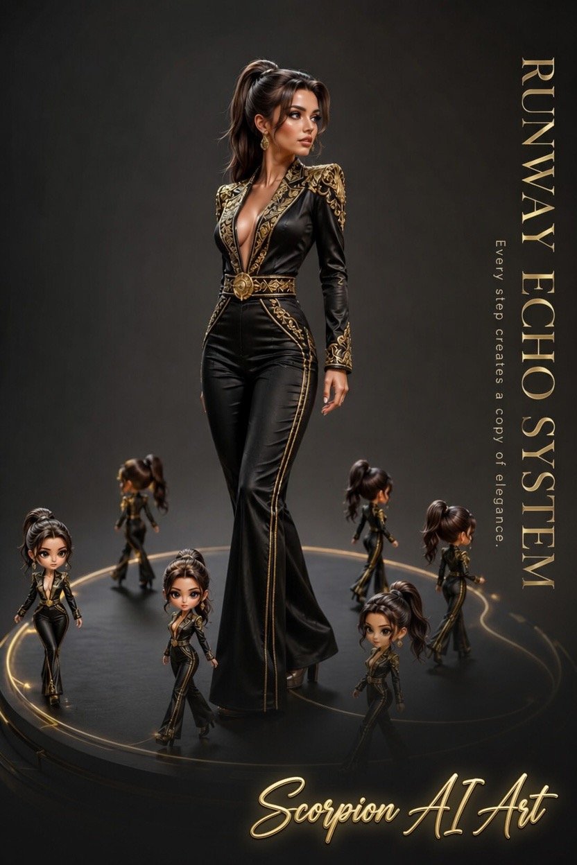 #promptshare Hyper-realistic luxury 3D fashion diorama poster. A stylish bombshell brunette female w…