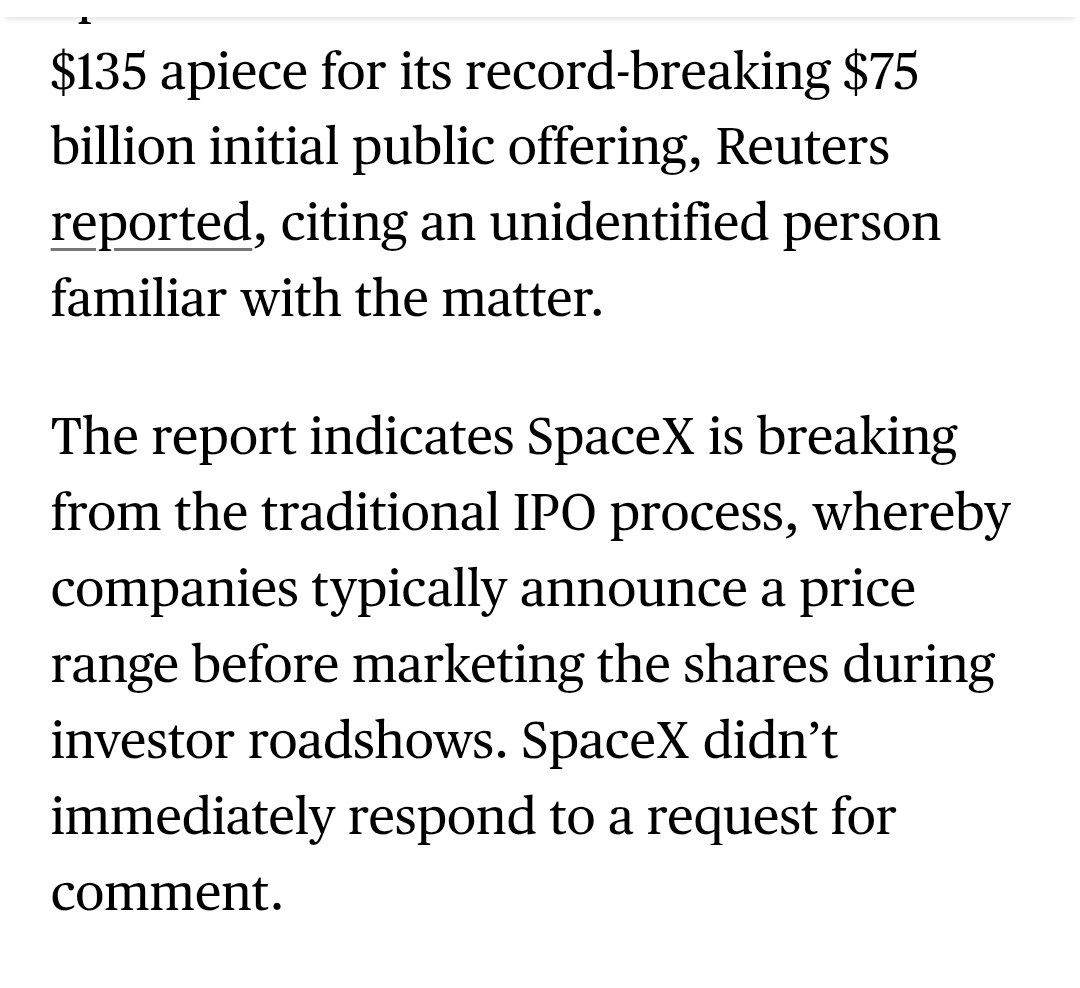 SpaceX IPO has been priced at 135 a share with over a 500 million public float. That's pretty big. T…