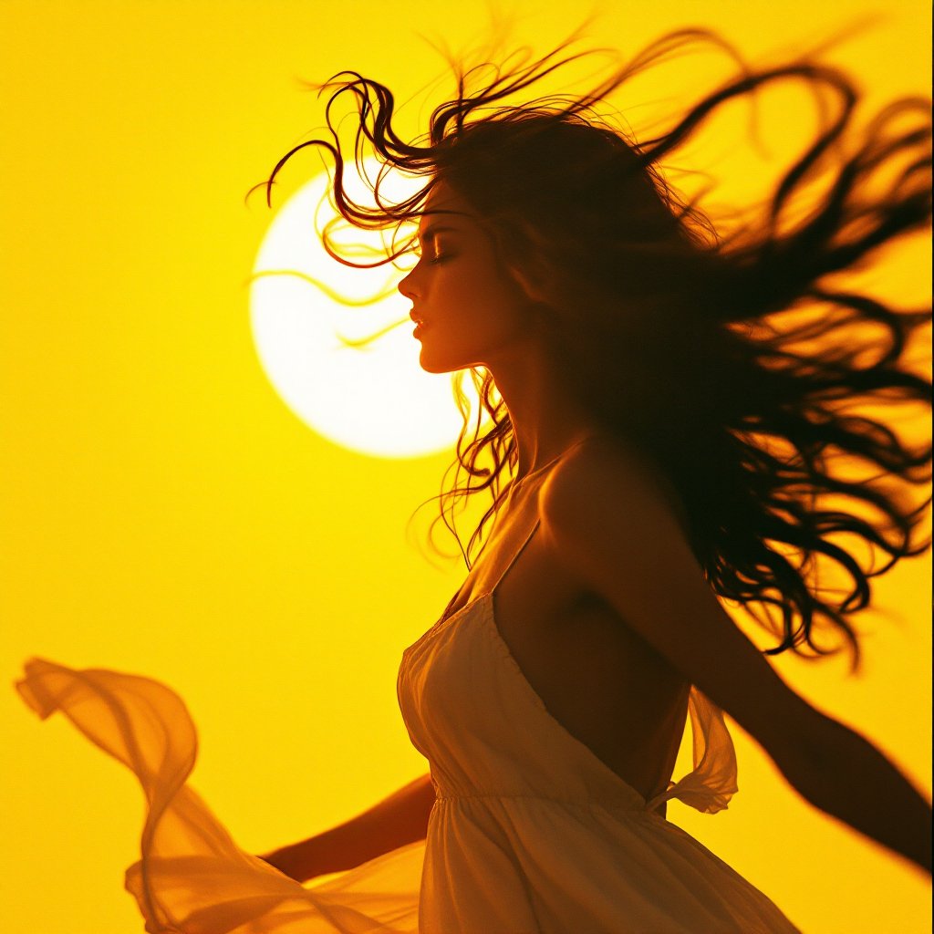 prompt :: 'comic-style yellow golden background silhouette woman dancing w hair being tossed to the…