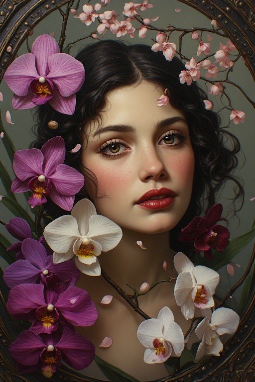 (masterpiece), best quality, expressive eyes, perfect face, A vintage fine art oil portrait of an elegant woman’s face emerging from a dreamlike garden of exotic orchids and soft cherry blossoms. Her face fills most of the composition — delicate ivor